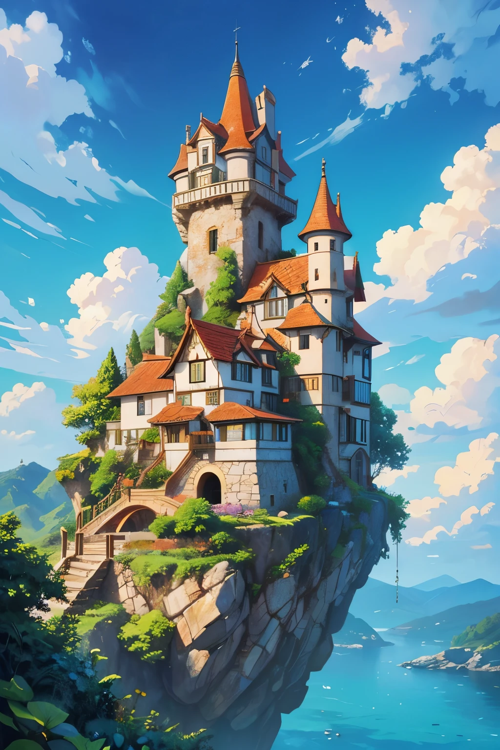 Vibrant, detailed digital painting of a whimsical, multi-story house perched on a rocky cliff. The house features a mix of wooden and stone elements, with steep, red-tiled roofs and multiple chimneys. The structure is surrounded by lush greenery, including trees, bushes, and colorful flowers, creating a lively and enchanting atmosphere. The sky is filled with fluffy, white clouds against a bright blue backdrop, adding to the overall cheerful and magical feel of the scene. The painting is rich in color and texture, with intricate details that bring the fantasy setting to life.