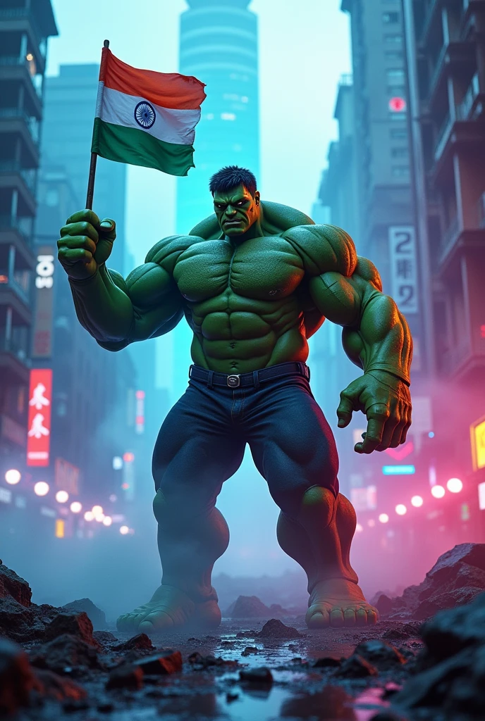 hulk with Indian flag cyberpunk background with blue and pink lights fog and destruction of building 

