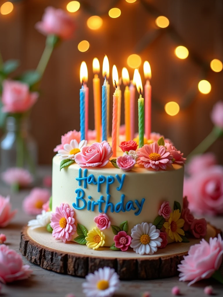 happy birthday card with a cake and a flower on a table, birthday card, happy birthday, happy birthday candles, celebrating a birthday, birthday cake on the ground, very very happy!, happy!!!, birthday cake, background image, oh yeah, birthday, cute:2, lighthearted celebration, greeting card, promo image, closeup photograph, holding a birthday cake