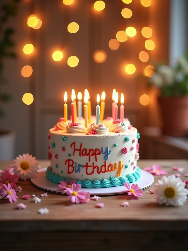 happy birthday card with a cake and a flower on a table, birthday card, happy birthday, happy birthday candles, celebrating a birthday, birthday cake on the ground, very very happy!, happy!!!, birthday cake, background image, oh yeah, birthday, cute:2, lighthearted celebration, greeting card, promo image, closeup photograph, holding a birthday cake