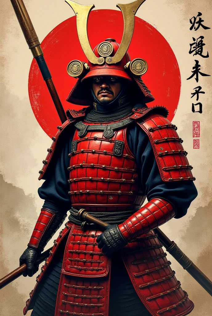 Japanese Sengoku warlord Yukimura Sanada - Red armor - Red helmet with six-mon coin - Holding a long spear - Japanese-style brush-painted pattern in the background - Powerful、Hall々A strong posture and a powerful presence々Cool look and style: Powerful and majestic Japanese art - Color: High contrast with red and black tones and detailed depiction、Realistic texture