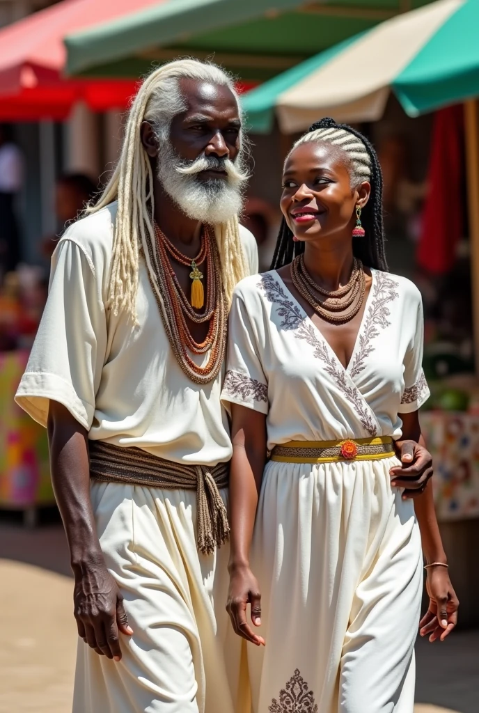 Créer une image Met Bayi avec son baton legba, cheveux blancs tres longs ainsi que ses moustaches., se promenant au marché de Gonaives Haiti avec sa femme Sasoune, très belle femme afro américaine, de beaux yeux. Por tant habittraditionnels blanc avec des colliers. Cadre lumineux