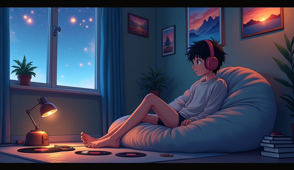 night、Listen to music in a cozy room, Use headphones, 2D Style Anime, Lo-Fi, hard disk, Dark Environment,Makoto Shinkai style