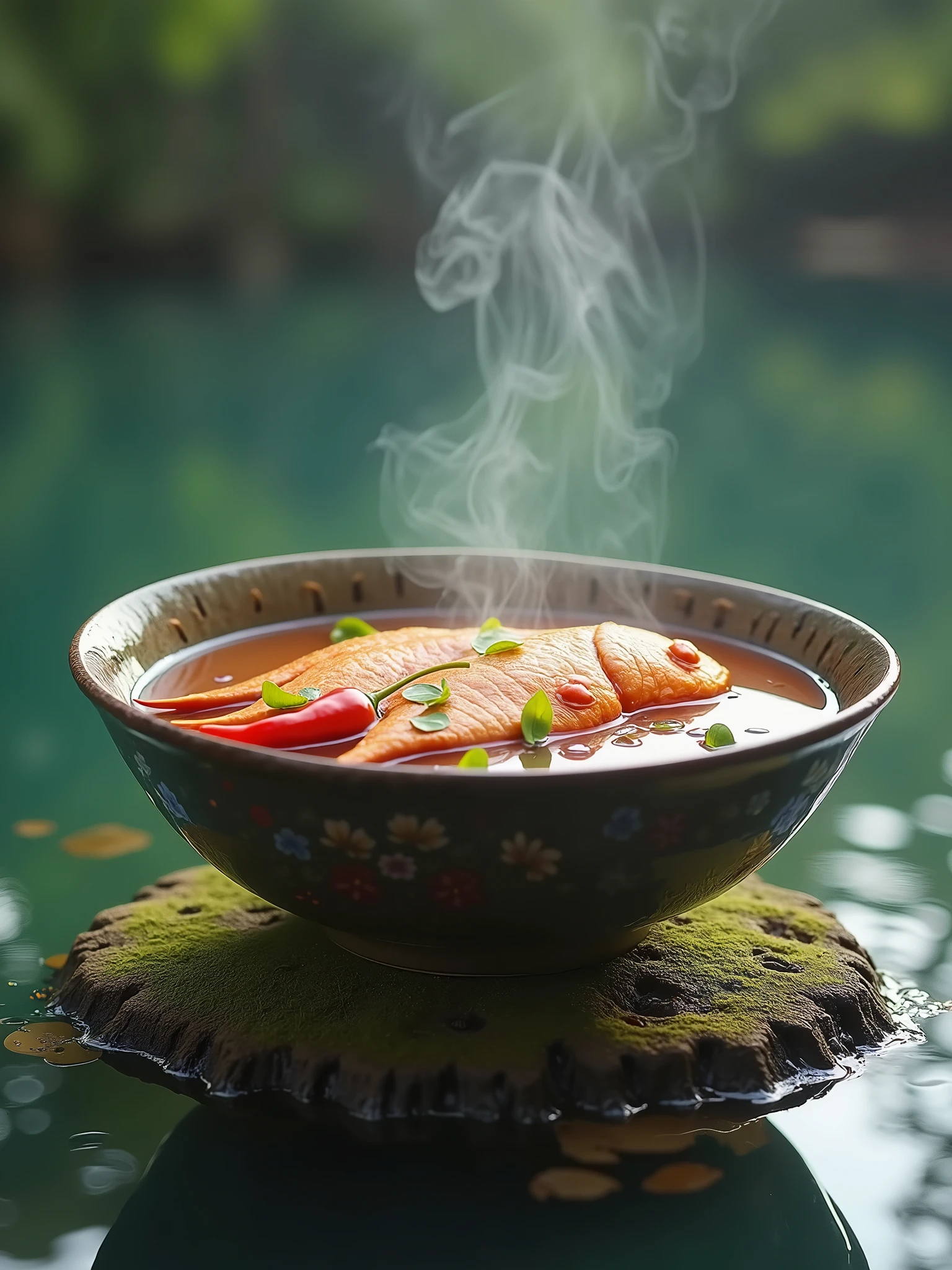 A traditional Chinese ceramic bowl filled with fish head soup, fresh chili peppers, rich soup, steaming, the bowl is on an island in the center of the lake, the same size as the island, surreal style