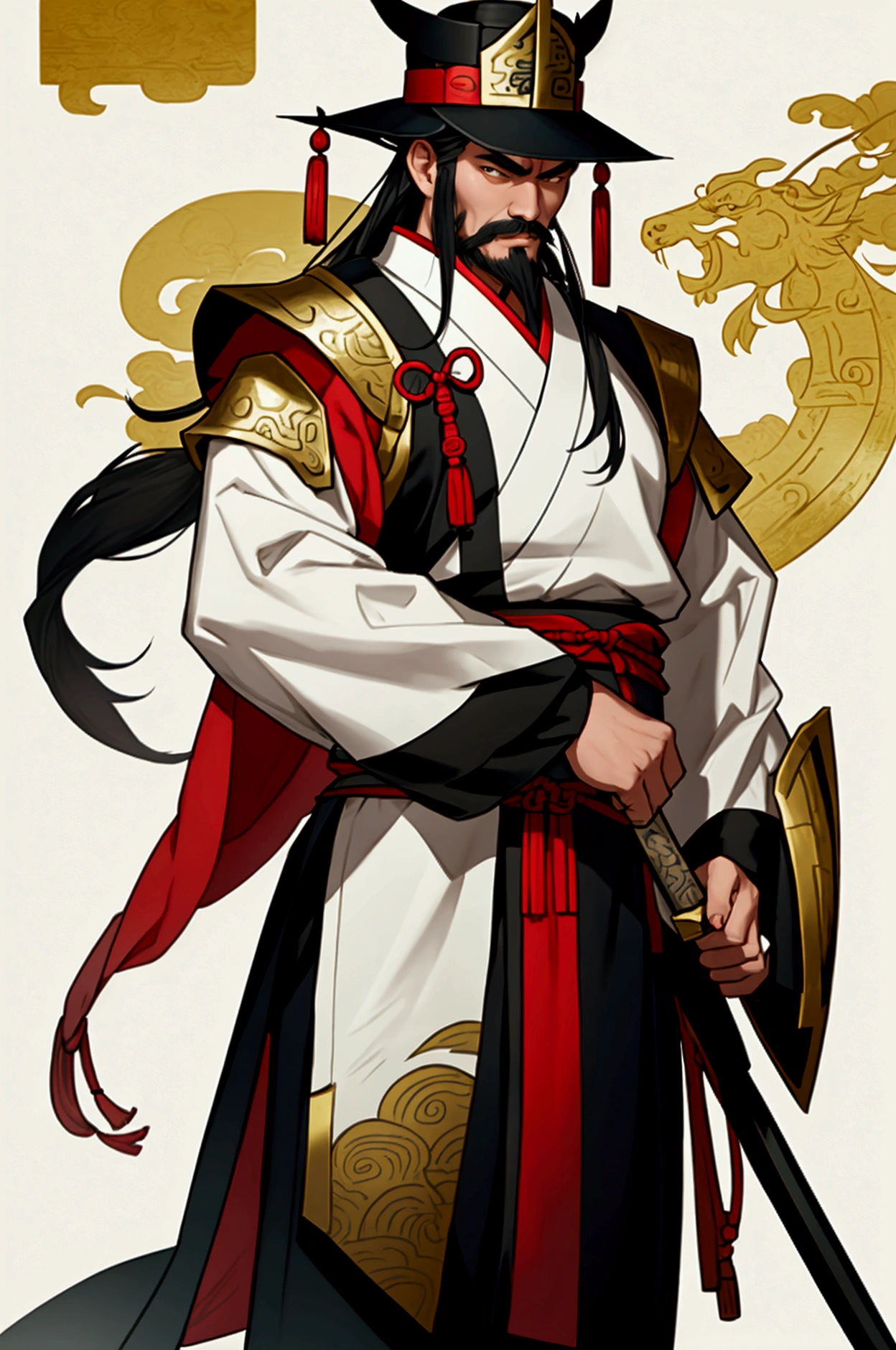 Male character wearing Chinese clothing holding a halberd ,Characters in the Three Kingdoms, ancient soldier, Wearing Chinese iron armor, , Chinese warrior character design,Use Chinese halberd weapons, lu bu ,Novel Image ,Yellow tones,Yes, it&#39;s a Chinese general&#39;s hat.,Has a long beard and mustache,Middle-aged man,Chinese people,black hair,see the whole body,เห็นทั้งหัว ใบหน้า ลำตัว เเขน ขา Yellow tones