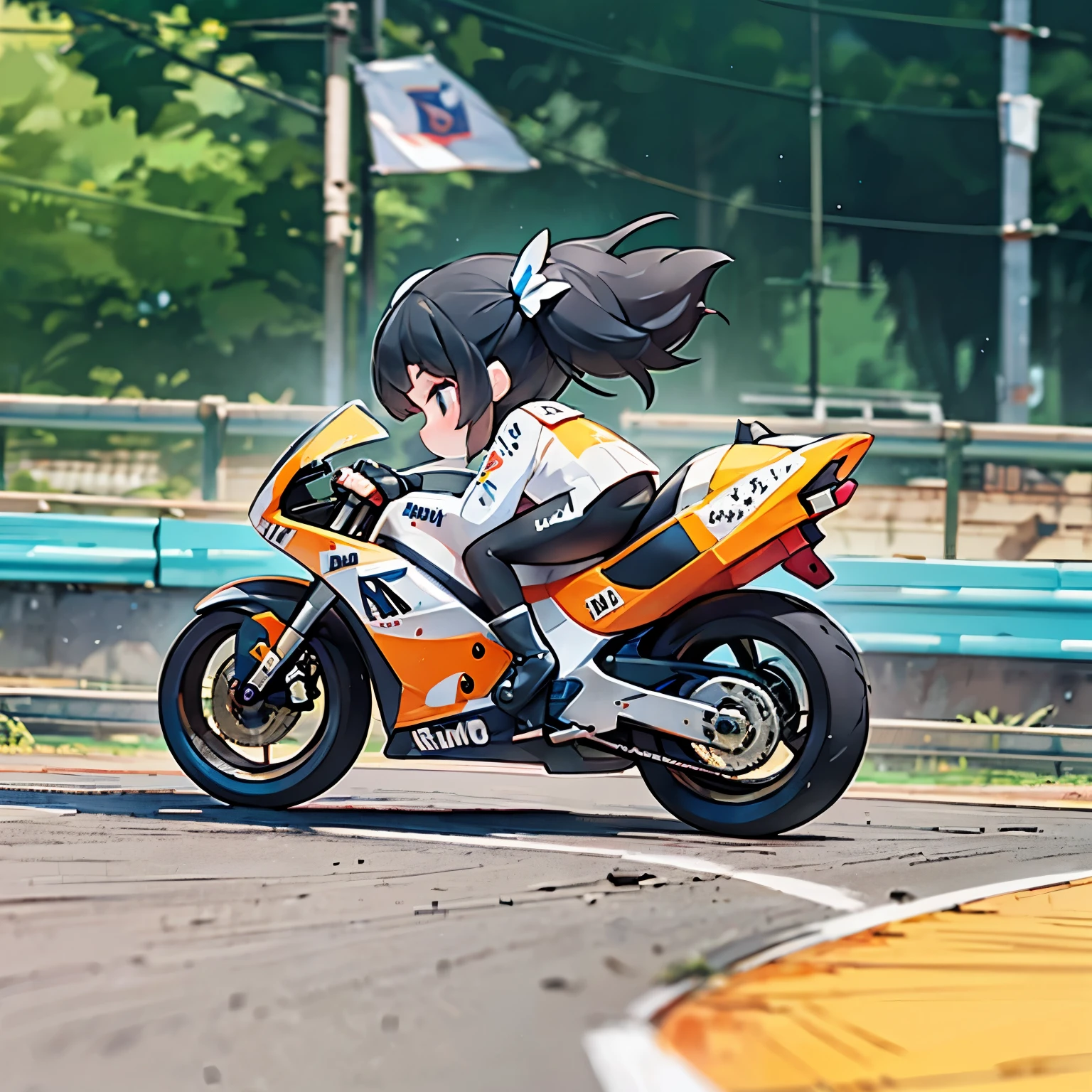 Little mascot girl, Rear view of a female racer racing on a road bike, Black Hair, semi-long, stylish, Road Bike Racing, Behind the scenes of a heated battle between multiple road racers, speed, boost mood, Panning View, A rear view of a female racer chasing another female racer ahead of her, Chasing from behind, Back depiction，

