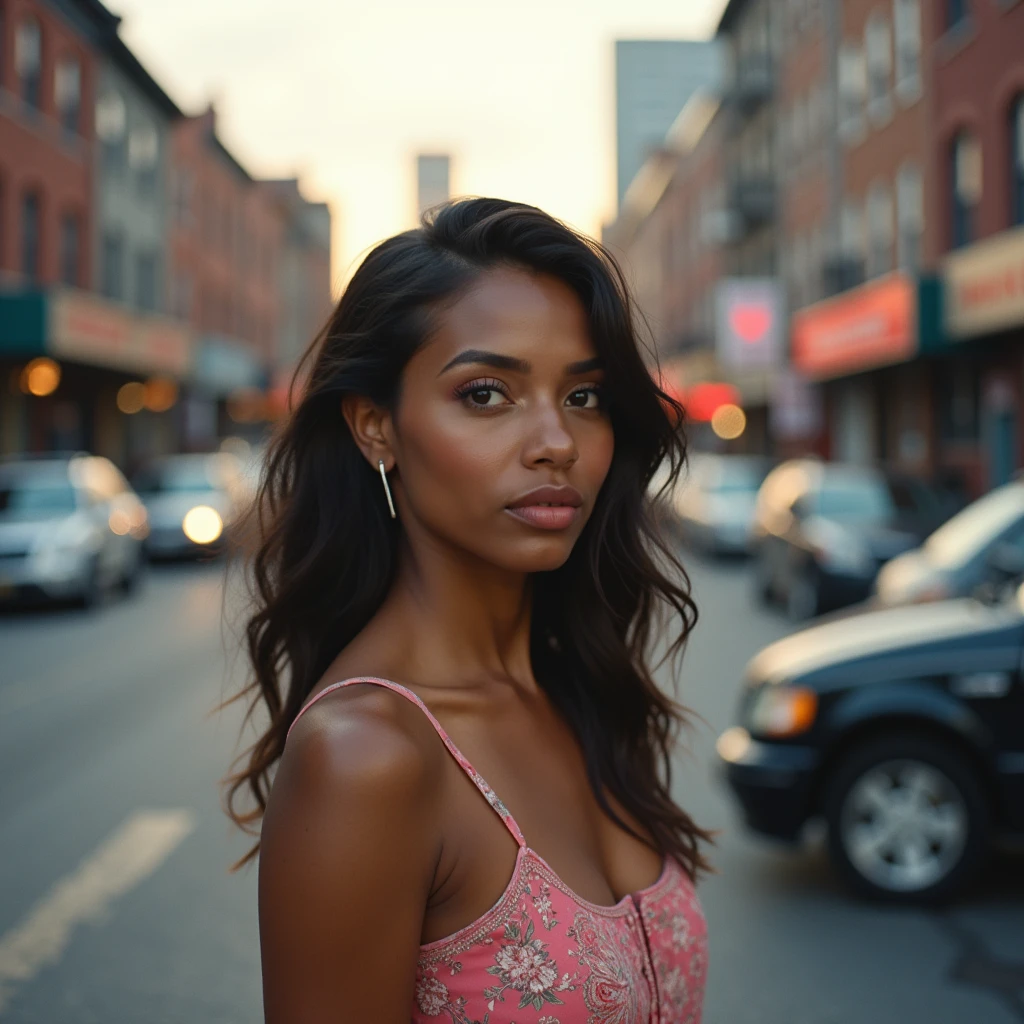 color photo of 27-year-old single mom with nice figure,
woman with white skin against Atlanta city background,
natural, realistic portrait capturing her essence,
camera settings: Canon EOS 5D Mark IV, Fujifilm Pro 400H film, 50mm lens, portrait photography techniques,
directors: Ava DuVernay, Barry Jenkins, cinematographers: Rachel Morrison, Bradford Young, photographers: Annie Leibovitz, Mark Seliger, fashion designers: Prada, Michael Kors