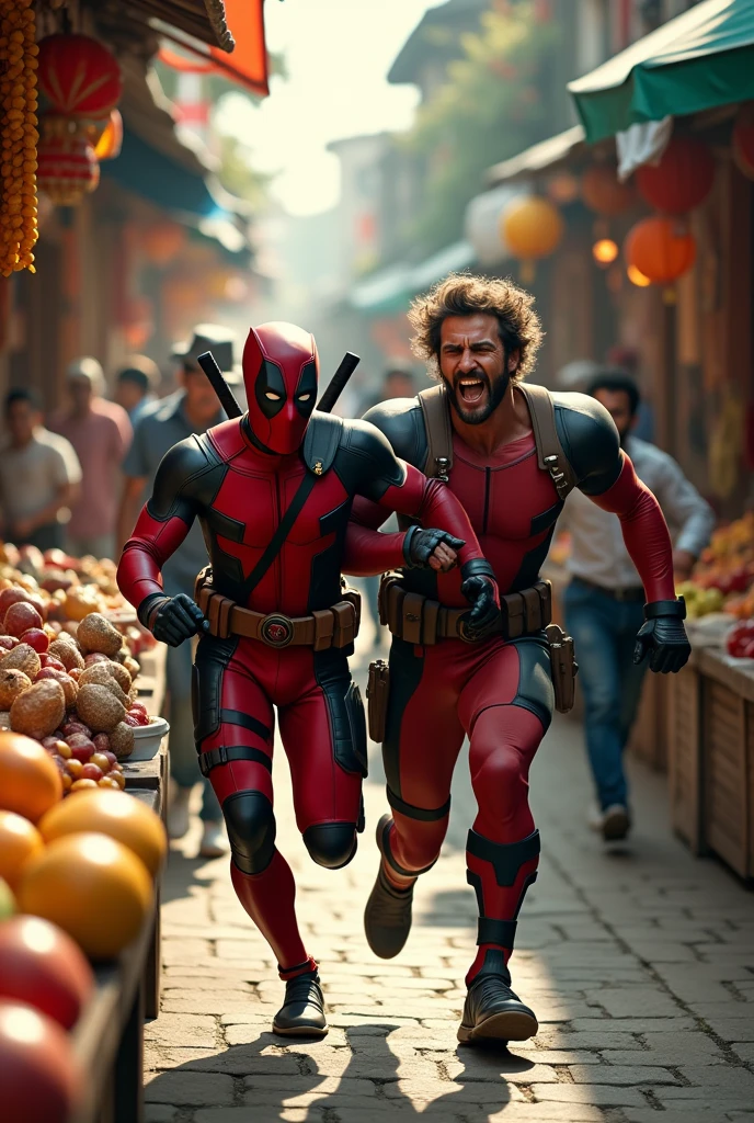 (photorealism:1.2), (HDR quality), (realistics), the deadpool is running scared because he was chasing by wolverine(angry face), deadpool with his one hand is pushing the shouleder of wolverine(nearly falls), wolverine chasing him at the traditional market(detailed situations and conditions), many people watching them
