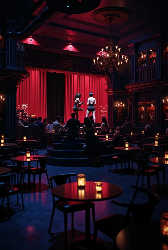 photorealistic, red, jazz club, burlesque stage, large interior, tables, spacious, big building, tables and chairs, performing stage, moody, red