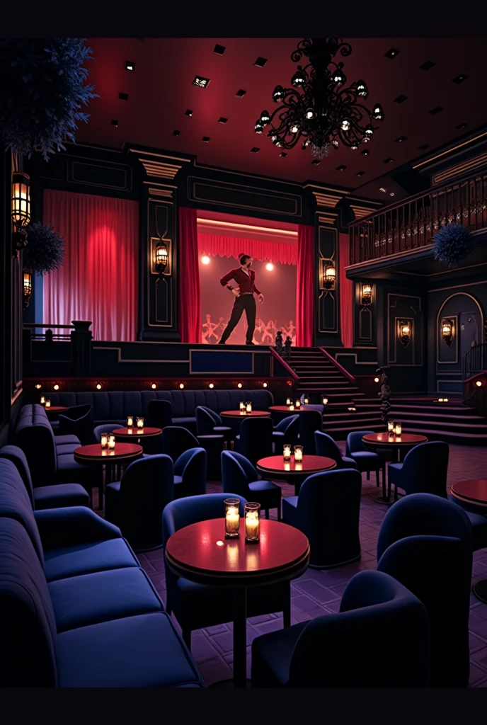 photorealistic, red, jazz club, stage, large interior, tables, spacious, big building, tables and chairs, performing stage, moody, red