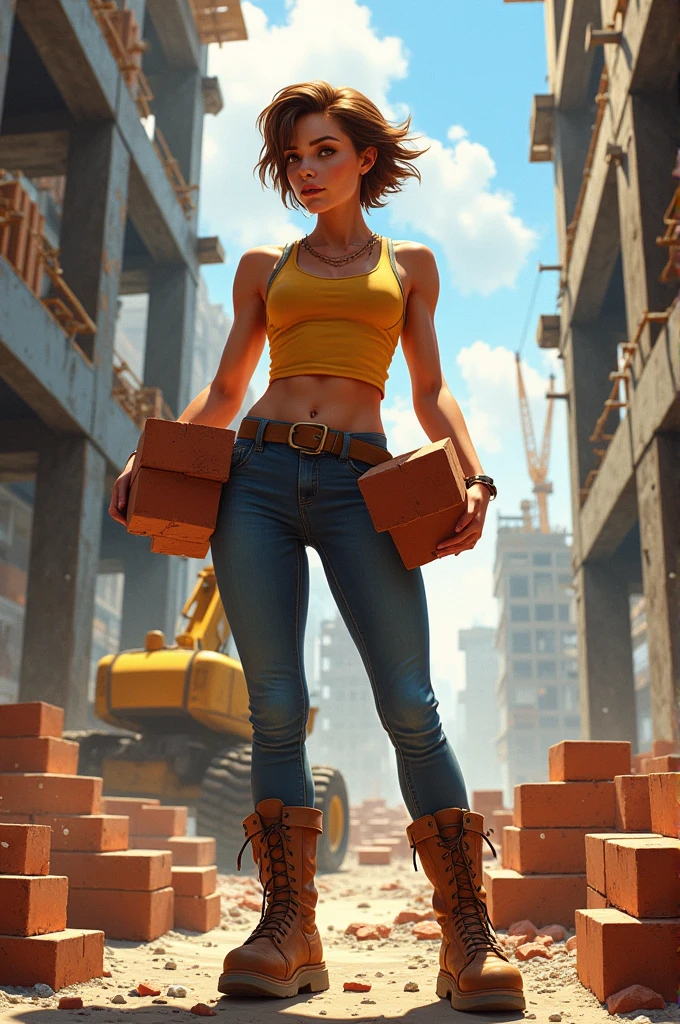 avatar of a tall woman, thin short wavy brown hair, at a construction site carrying bricks