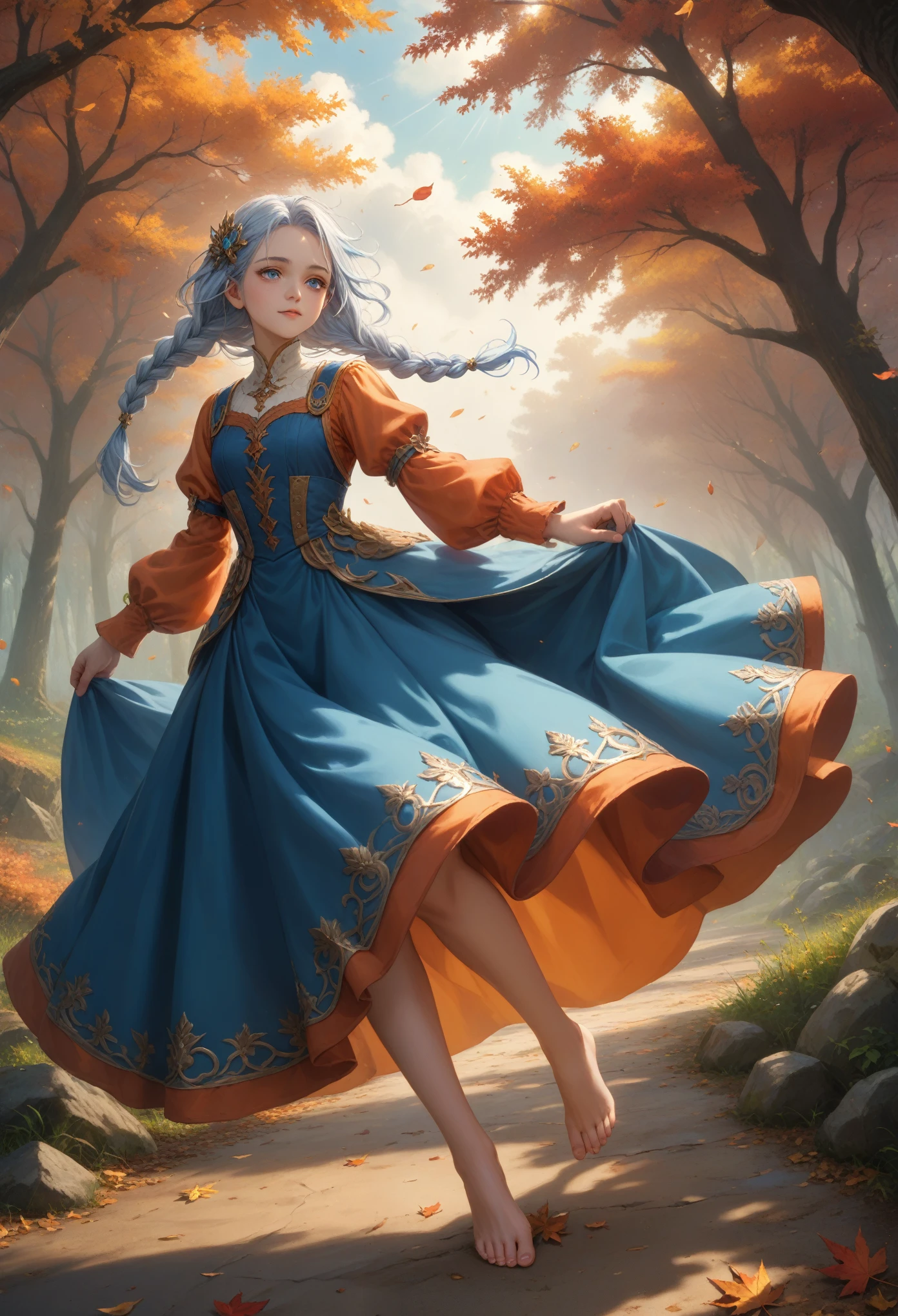 score_9, score_8_up,score_7_up, masterpiece, best quality, perfect anatomy, very aesthetic, official art, 8k, 1 girl, A Little Makeup, sexy, Orange sleeves, White hair, White skin, Light Blue Hair Ornament, Blue suspenders, blue clothes, light blue eyes, bare feet, double braids, Background Path of Paved Stones, Joy is coming, hair flutters in the wind, Warm Atmosphere, Falling leaves, Wooden Railings Red Color, autumn, Darkish Colors, Gentle Rays of the Sun Fall on the Girl, masterpiece, a high resolution, Clear drawing of details, fantasy, very wide shot, dynamic shadows, beauty, All according to the Author,  