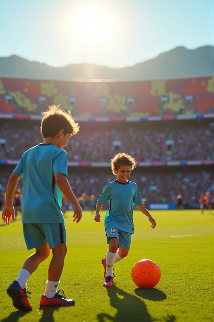 Boy playing football with Messi