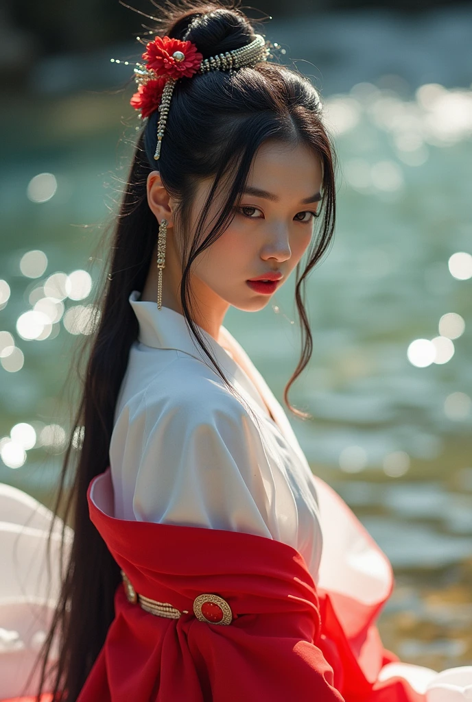 White and red shrine maiden outfit、Adult Beautiful Priestess、Black Hair Upstyle、((whole body))、(((Photo taken from below)))、The background is the riverbed
