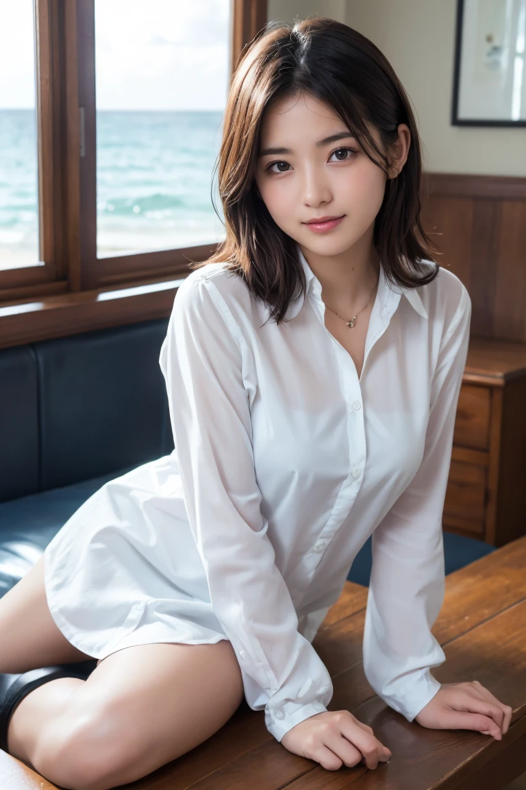 Tabletop、(Highest quality、4K、8k、High resolution、masterpiece: 1.2)、Very detailed、(Genuine、photoGenuineistic、photoGenuineistic: 1.37)、Full Body Shot、Complex and beautiful eyes、woman、blonde、Big Breasts、Natural color lip、whiteＴshirt、Bold and sexy pose、smile、Ocean、20-year-old girl、A cute and sexy shot of her looking at the camera。