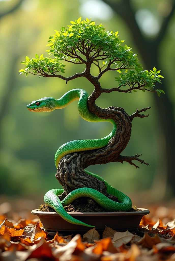 A snake coiled around the branches of a bonsai. Below are some dead leaves.