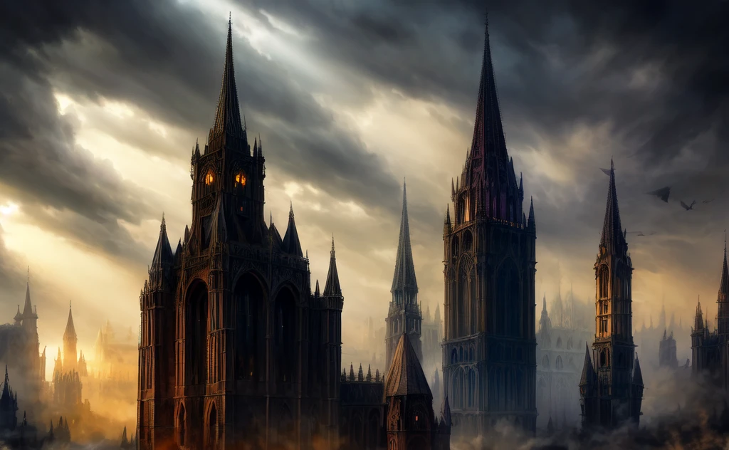A dramatic, dark fantasy scene featuring a towering, intricate structure with spires hovering ominously above a shadowy, mist-covered cityscape. The sky is filled with dark clouds and beams of light piercing through, while distant birds can be seen flying past. The architecture below is detailed and gothic, with hints of warm light emanating from windows amidst the gloom.