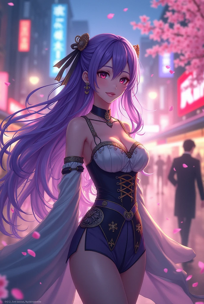 Anime Girl, Purple cat ears, Long hair, beautiful clothes, Gouves style, 4K clarity, cgstation pop music, Antique buildings, Sexy Girls, attractive, Original God Kru, Anime style, 8K, Beautiful anime woman, Women's Front.