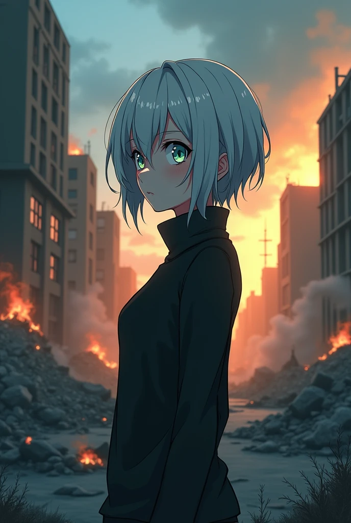 anime style, post-apocalyptic world, Collapsed and burning buildings Low angle view.
anime style, young adult woman, with the right eye blue and the left eye green, short white hair.
with a melancholic expression.
She is wearing a black turtleneck blouse.