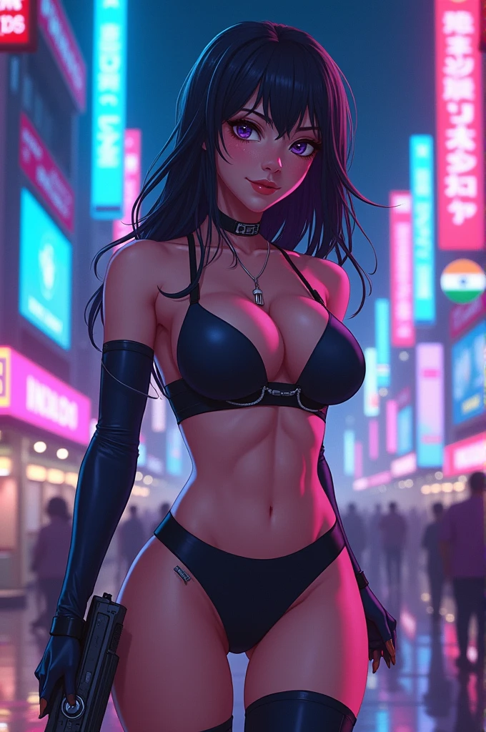 Sexy girl posing with Indian flag cyberpunk background with blue and pink lights Anime character with gun wearing bra and panties