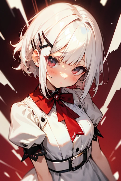 Short white hair, blush, White Dress、Punk Fashion、Headbang 2.、Red clothes、Lots of hairpins、