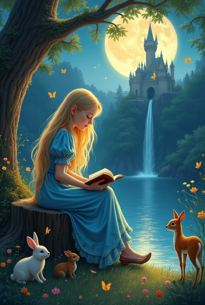 1girl, book, tree, dress, flower, castle, sitting, rabbit, water, long_hair, blonde_hair, butterfly, blue_dress, closed_eyes, book_stack, bug, tree_stump, night, nature, deer, squirrel, open_book, solo, forest, waterfall, animal, fox, boots, holding_book, outdoors, fantasy, short_sleeves, pond, moon, puffy_sleeves, lake