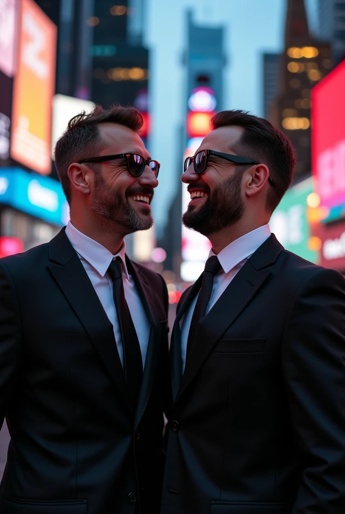 Two men in elegant black suits with black glasses