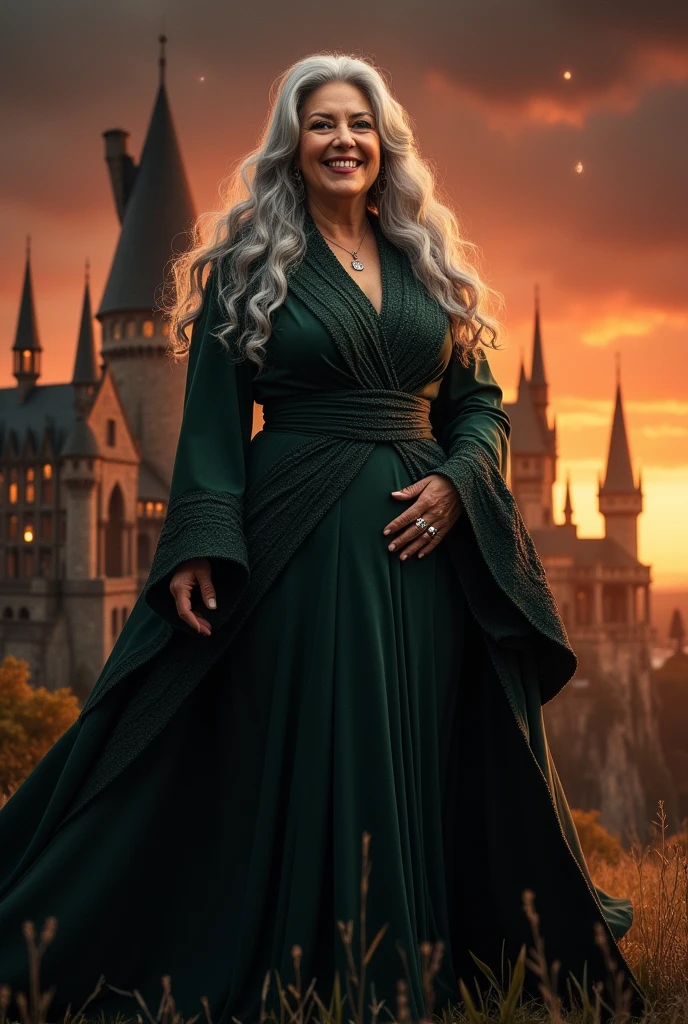 Minerva McGonagall from harry potter as a hot gilf with big boobs,huge ass,grey hair,old lady,warm colours,full body portrait
