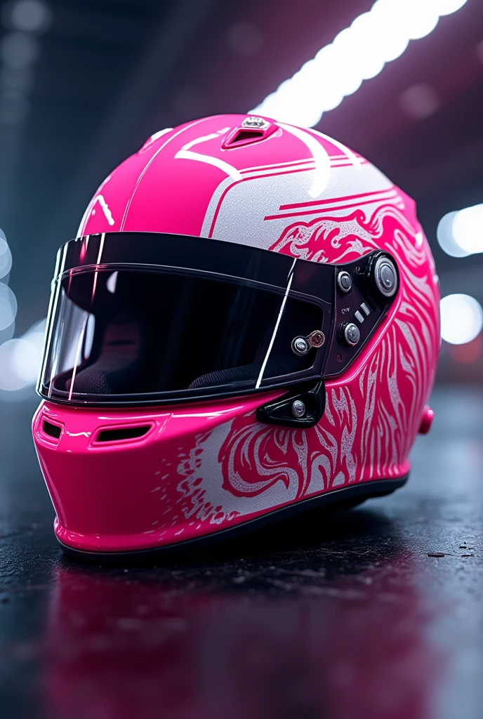F1 Helmet design. Pink dominant, white accent. Vector elegant Lion head symbol represent singapore gp. Make it elegant, luxurious, and f1 spirit