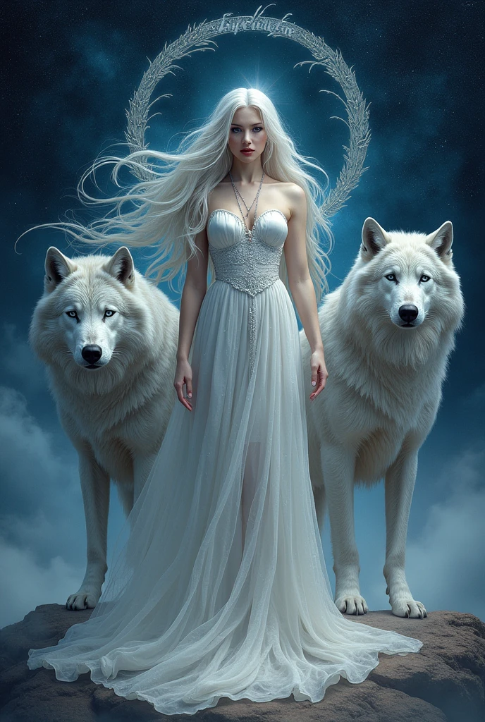 @Meta AI creates an image of the goddess Hecate accompanied by a wolf and a 3-headed dog. All in silver and white colors, that it looks shiny and to this add the name of "Night of Silence"