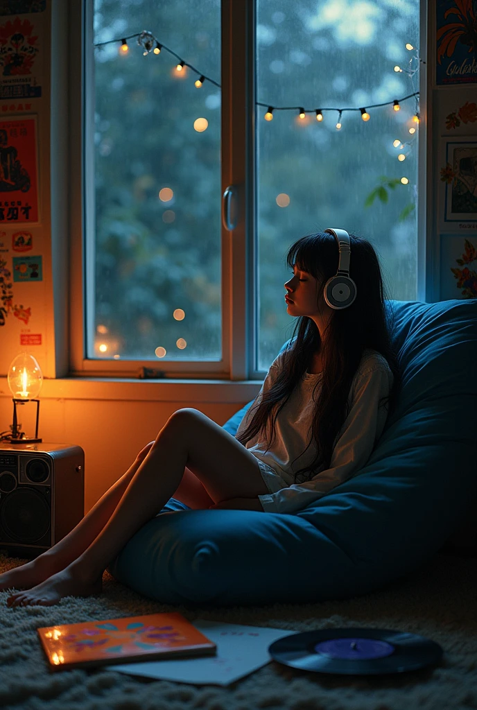 night、Girl listening to music in a cozy room, Use headphones, 2D Style Anime, Lo-Fi, hard disk, Dark Environment,,Makoto Shinkai style
