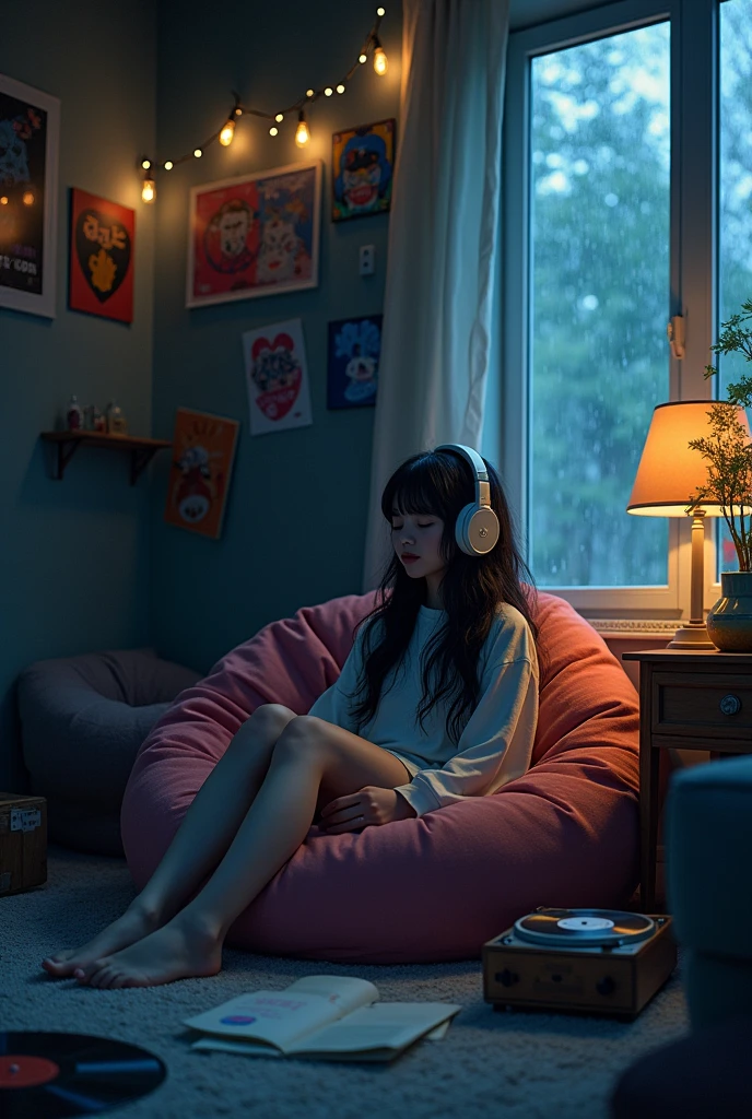 night、Girl listening to music in a cozy room, Use headphones, 2D Style Anime, Lo-Fi, hard disk, Dark Environment,,Makoto Shinkai style