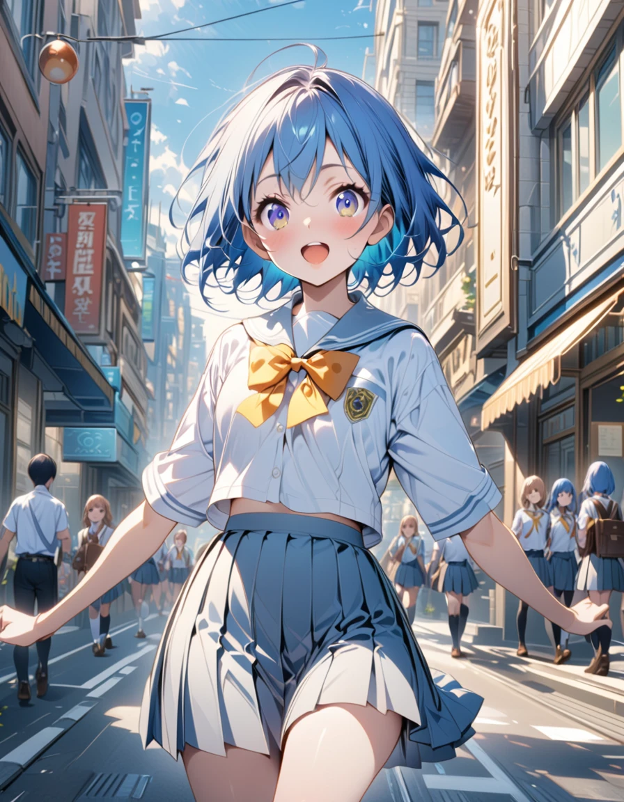 high resolution、One person、schoolgirl、Slender、Blue Hair、Short Hair、school uniform、Daytime、City、Bright expression、