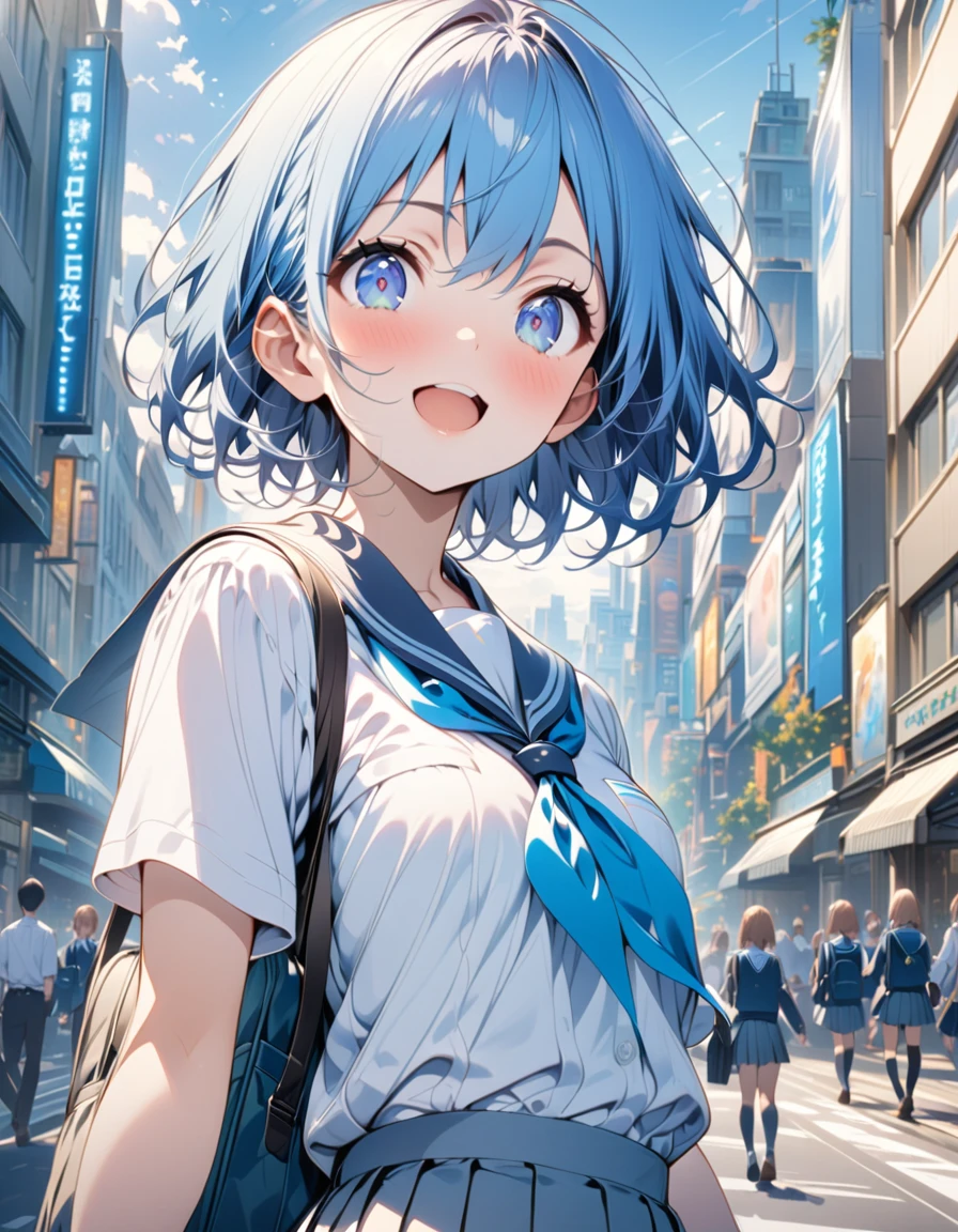 high resolution、One person、schoolgirl、Slender、Blue Hair、Short Hair、school uniform、Daytime、City、Bright expression、