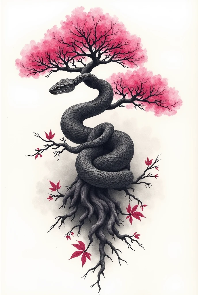 It's for a tattoo A snake coiled around the branches of a pink bonsai Below are some dead leaves