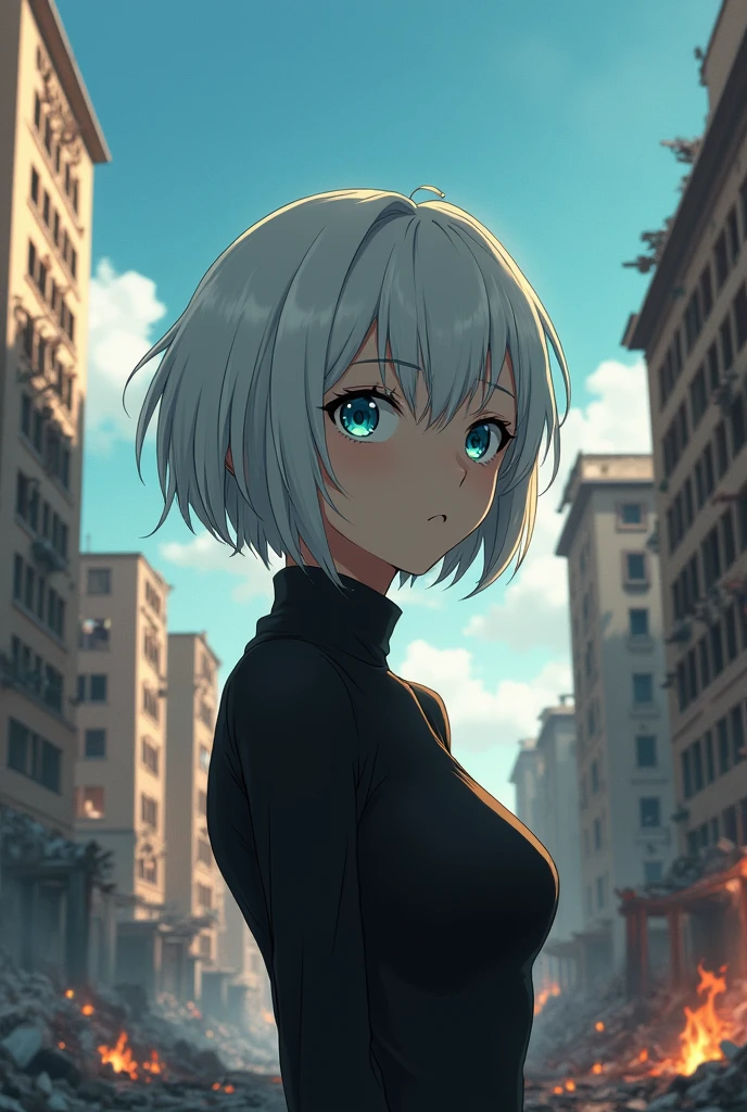 anime style, post-apocalyptic world, Collapsed and burning buildings Low angle view.
anime style, young adult woman, with the right eye blue and the left eye green, short white hair.
with a melancholic expression.
She is wearing a black turtleneck blouse.