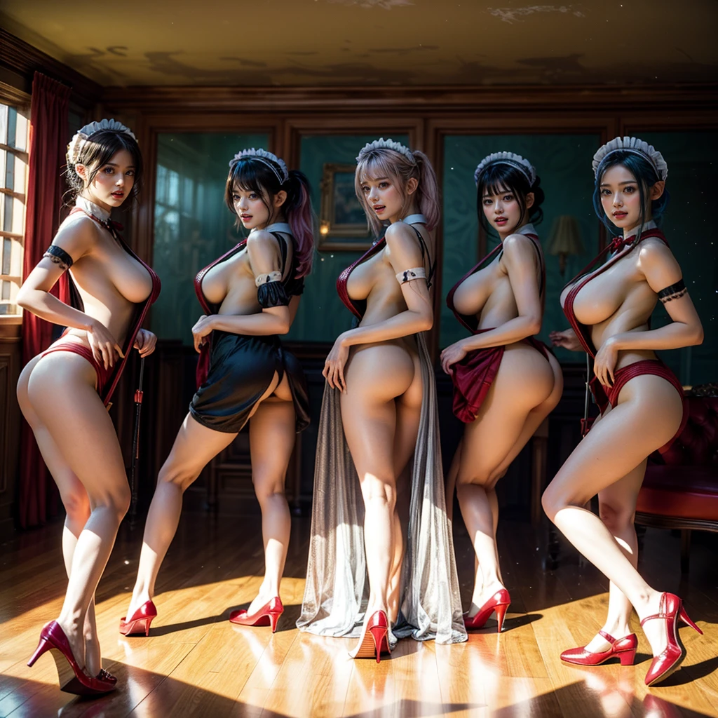 (Full Body of Extremely Detailed((Sexy Maid Group in a row:1.37))), KAWAII perfect face, Reflective Eyes, Detailed(Delicate Clothing textures), Correct Stretchy graceful legs, Dynamic Joyful Expressions LifeLike Rendering, Specular Reflection, TopQuality 8K Ultra-detailed masterpiece (ProfessionalPhoto:1.37), (Acutance:0.8), (Luminism:1.28), Renaissance art style, (Colorful Light particles), ((Full body from side)) {Kissing Face to Face|Cute Peach AssFocus|(NakedApron with Overflowing SideBoob)}, Radiant Fine Skin with Transparency, (Exposed:0.4), {Pink Hair|LightBlue Hair|Pure White Hair|Blonde|Liquid Hair|Red Shoes}, Perfect Lighting