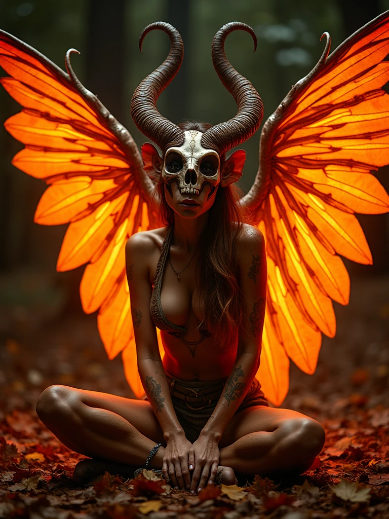 Photography Style-Photography，Ultra-clear details，Portrait photography，The image of a female demon in mythology，Decorated with orange，Monkey skull with spiral horns，Intricate line details on the wings，Gorgeous patterns all over the body，Sitting on a pile of fallen leaves，Contemplative posture，21-year-old mysterious entity，Fantasy Surrealism，Burst of orange light，Dark background contrast，Highly detailed textures，Hyperrealistic style，RAW,8k
