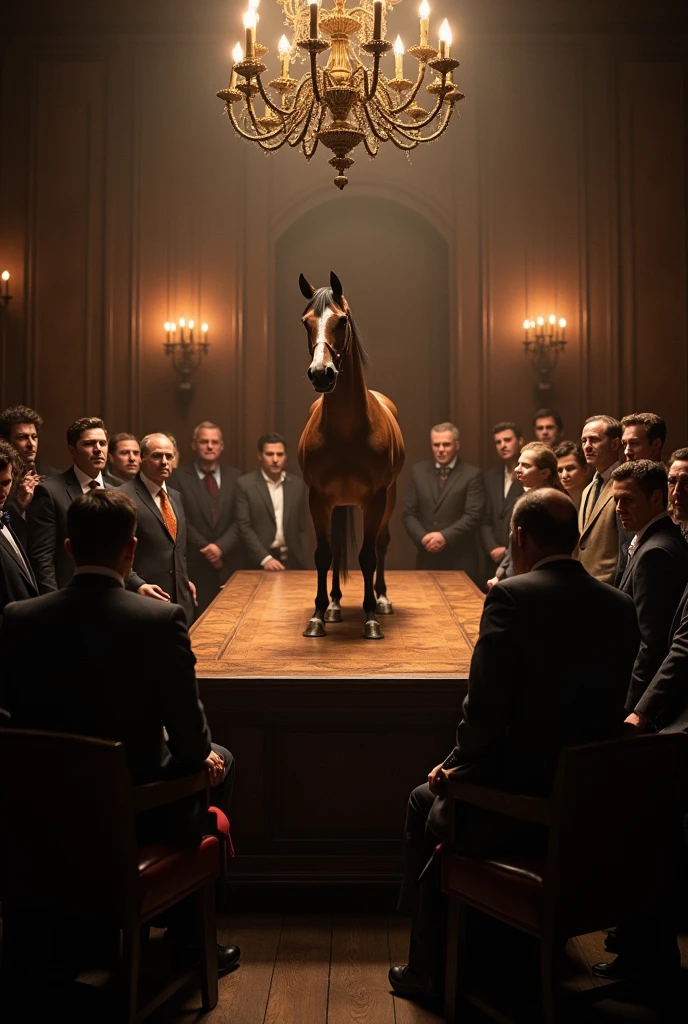 In a dimly lit room, a group of people are gathered around a large table, their attention focused on the center where a horse is being auctioned off. The atmosphere is tense, with the crowd leaning in to get a better view of the animal and its potential buyers. The lighting casts shadows across the scene, adding to the dramatic effect.