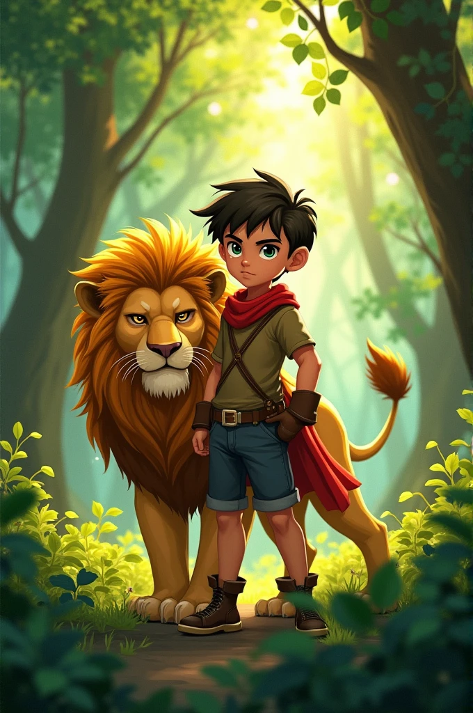 A boy named cherry has face with small peomples angry face royal picture pose with lion,in forest