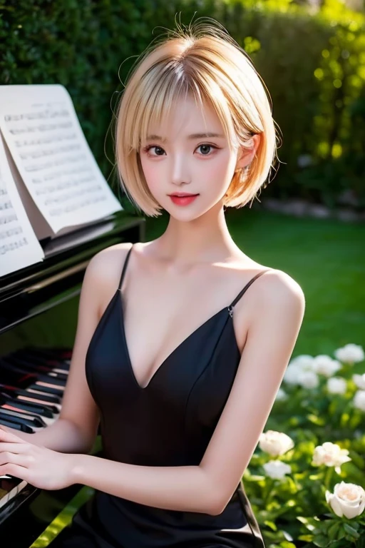 "A beautiful blonde woman with short hair, wearing a sleek black dress, is elegantly seated at a grand white piano in the middle of a breathtaking garden. The garden is lush and vibrant, filled with blooming flowers of various colors, towering trees, and soft green grass. Sunlight filters through the branches, casting a gentle glow on the scene. The woman’s posture is relaxed yet graceful as her fingers rest lightly on the piano keys, creating a serene and enchanting atmosphere."