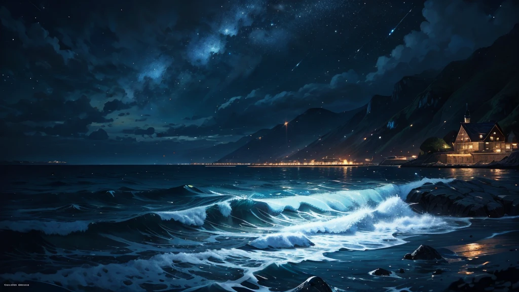 (masterpiece)),((Highest quality)),((High Detail)),nobody, background, Sparkling, night, Quiet Sea
