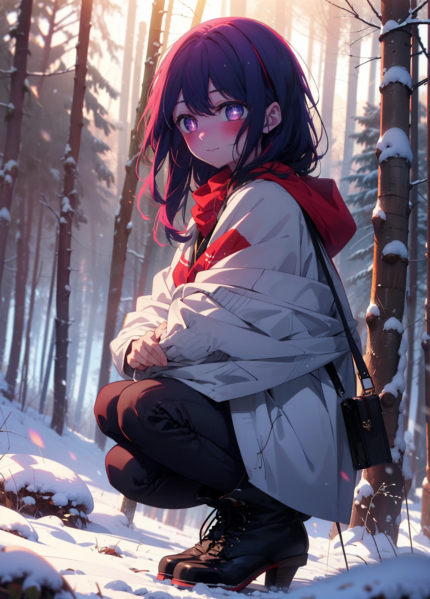 aihoshino, Ai Hoshino, Long Hair, bangs, (Purple eyes:1.1), Purple Hair, (Symbol-shaped pupil:1.5), smile,,smile,blush,white breath,
Open your mouth,snow,Ground bonfire, Outdoor, boots, snowing, From the side, wood, suitcase, Cape, Blurred, , forest, White handbag, nature,  Squat, Mouth closed, Cape, winter, Written boundary depth, Black shoes, red Cape break looking at viewer, Upper Body, whole body, break Outdoor, forest, nature, break (masterpiece:1.2), Highest quality, High resolution, unity 8k wallpaper, (shape:0.8), (Beautiful and beautiful eyes:1.6), Highly detailed face, Perfect lighting, Highly detailed CG, (Perfect hands, Perfect Anatomy),