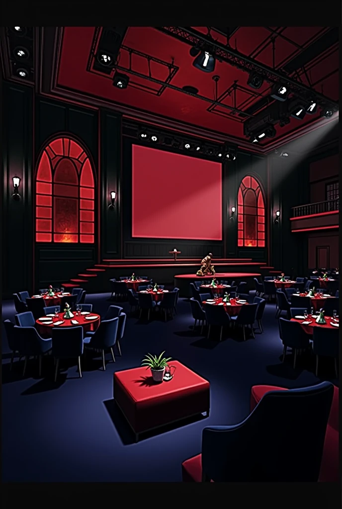 photorealistic, red, jazz club, stage, large interior, tables, spacious, big building, tables and chairs, performing stage, moody, red
