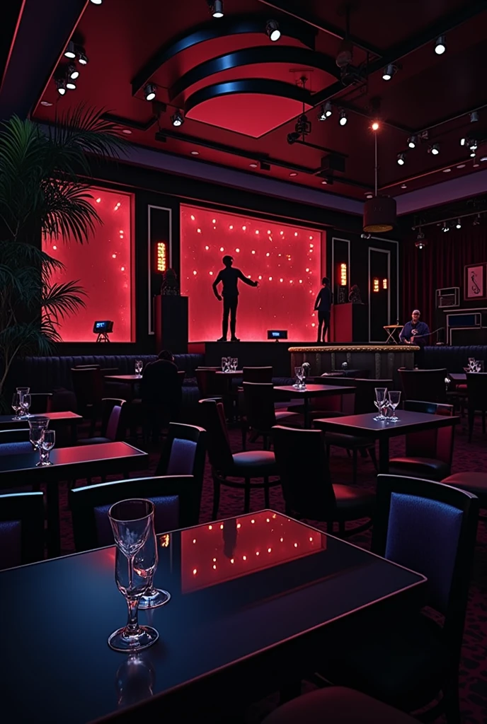 photorealistic, red, jazz club, stage, large interior, tables, spacious, big building, tables and chairs, performing stage, moody, red