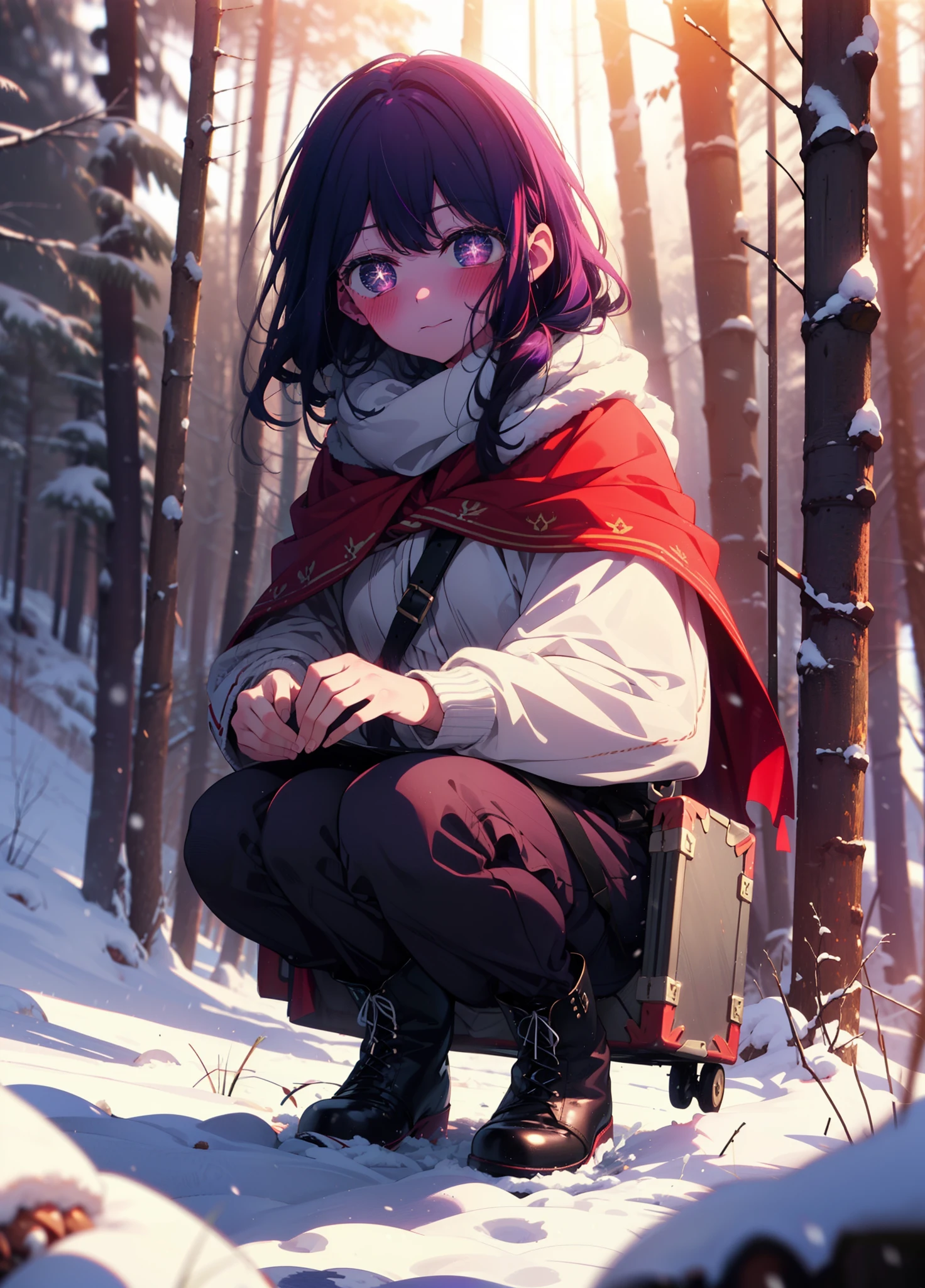 aihoshino, Ai Hoshino, Long Hair, bangs, (Purple eyes:1.1), Purple Hair, (Symbol-shaped pupil:1.5), smile,,smile,blush,white breath,
Open your mouth,snow,Ground bonfire, Outdoor, boots, snowing, From the side, wood, suitcase, Cape, Blurred, , forest, White handbag, nature, Squat, Mouth closed, Cape, winter, Written boundary depth, Black shoes, red Cape break looking at viewer, Upper Body, whole body, break Outdoor, forest, nature, break (masterpiece:1.2), Highest quality, High resolution, unity 8k wallpaper, (shape:0.8), (Beautiful and beautiful eyes:1.6), Highly detailed face, Perfect lighting, Highly detailed CG, (Perfect hands, Perfect Anatomy),