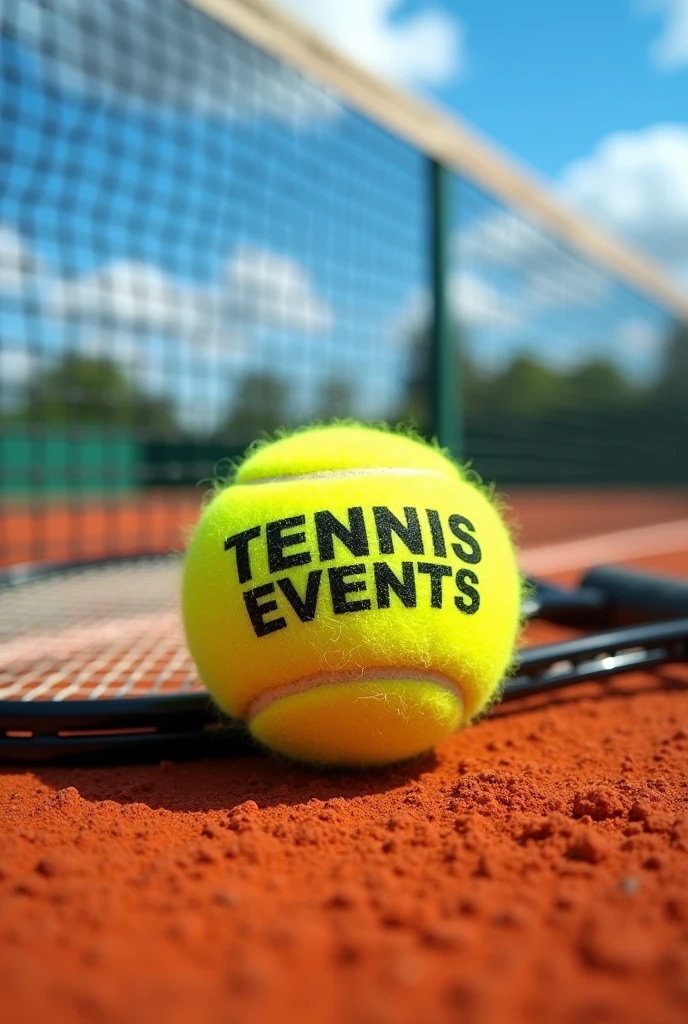 A tennis ball with the name Tennis Events on it on a clay court and a racket resting on the net.