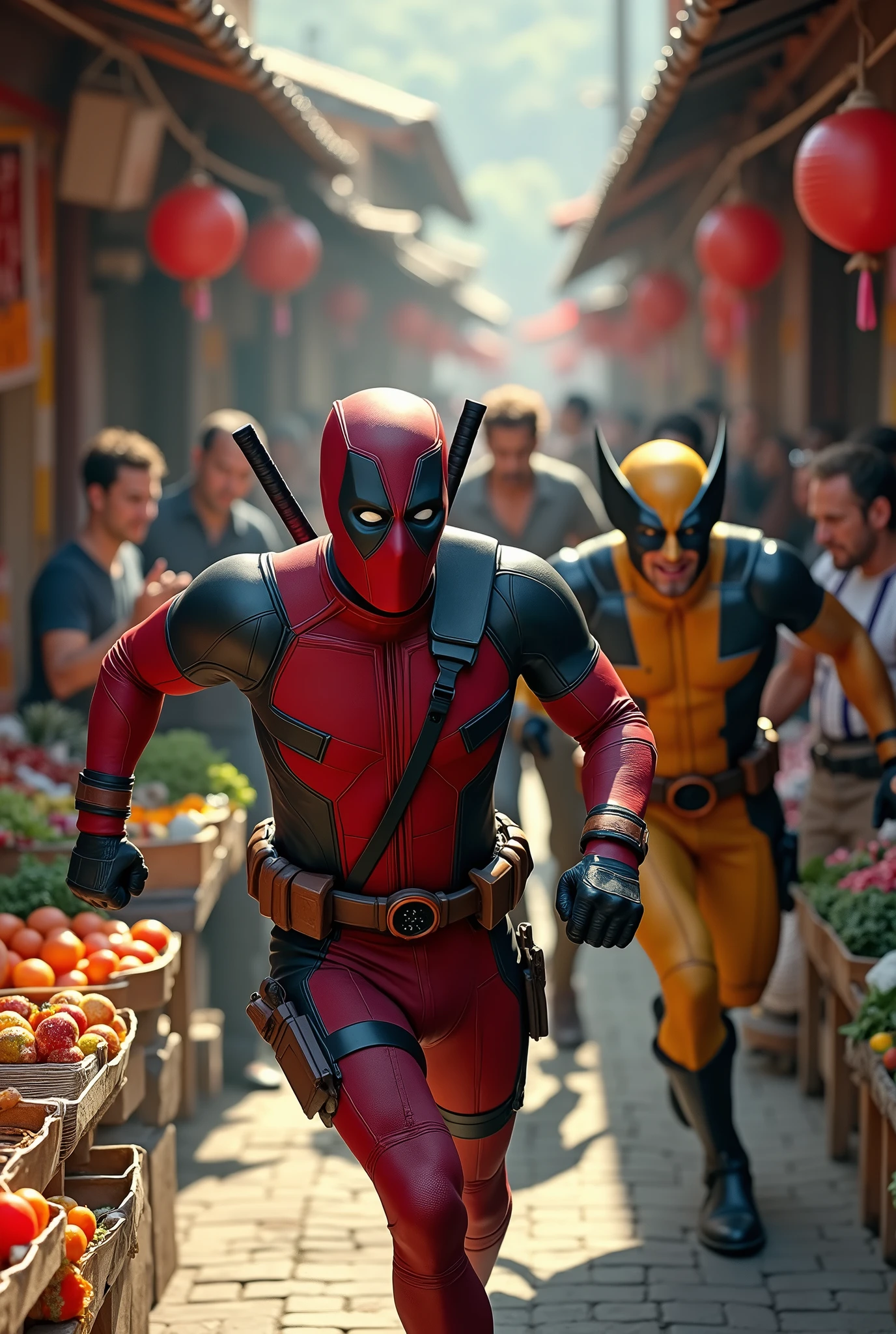 (photorealism:1.2), (HDR quality), (realistics), the deadpool is running scared because he was chasing by wolverine(angry face), deadpool with his one hand is pushing the shouleder of wolverine(nearly falls), wolverine chasing him at the traditional market(detailed situations and conditions), many people watching them