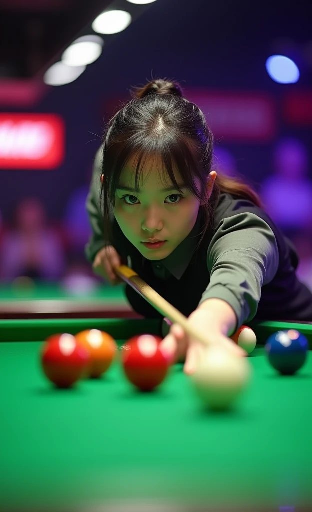 Women's Snooker，18-year-old Korean beauty，Fair skin，Charming，beauty，（Korean plastic surgery face）Focus，The best lights and shadows，Finals Background，Professional Arena