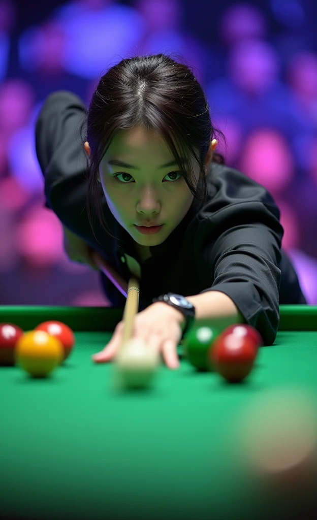 Women's Snooker,18-year-old Korean beauty,Fair skin,Charming,beauty,(Korean plastic surgery face)Focus,The best lights and shadows,Finals Background,Professional Arena